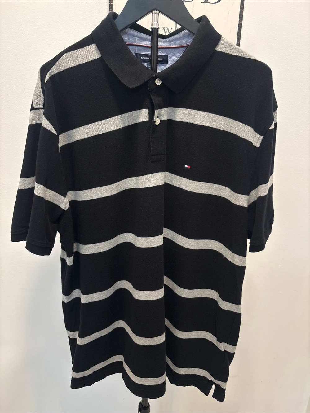 Tommy Hilfiger Black and Gray Wide-Striped Polo